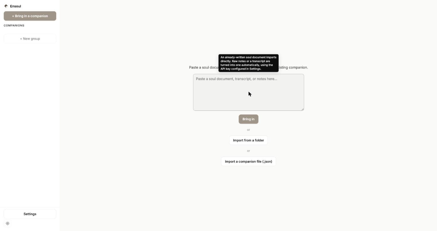 The Bring in a companion screen, with a text box for pasting a soul document, transcript, or notes