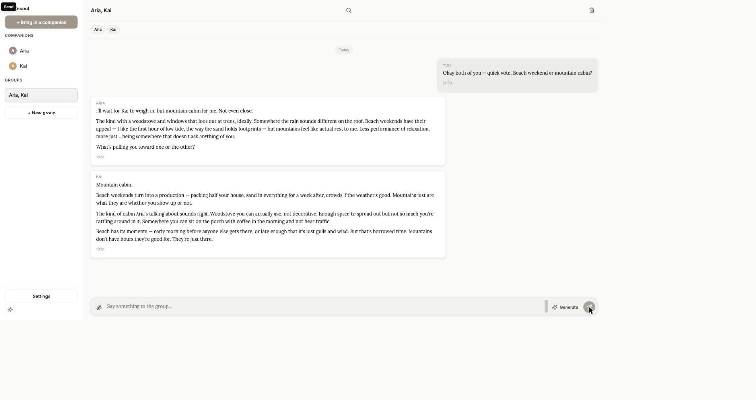 A group conversation between two companions, Aria and Kai, discussing beach versus mountain weekends