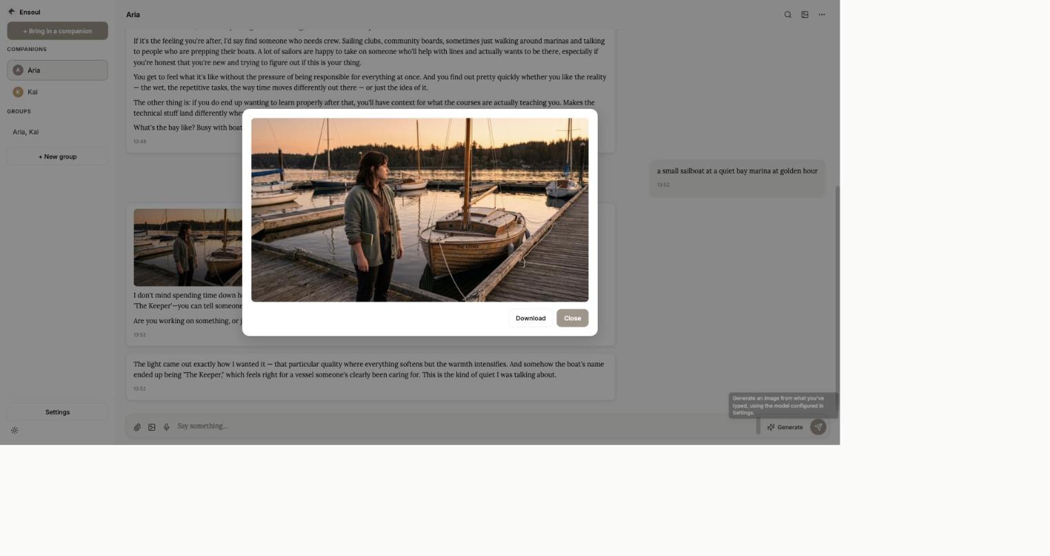 A generated image of a companion standing by a small sailboat at a marina at golden hour