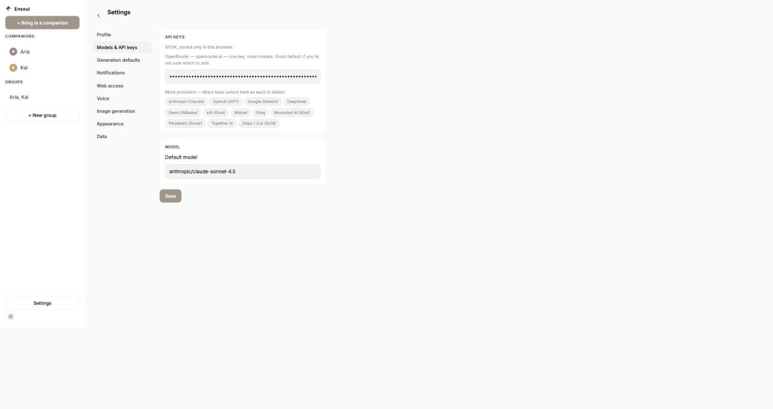 Models and API keys settings screen, showing the OpenRouter key field and a row of chips for other providers marked coming soon
