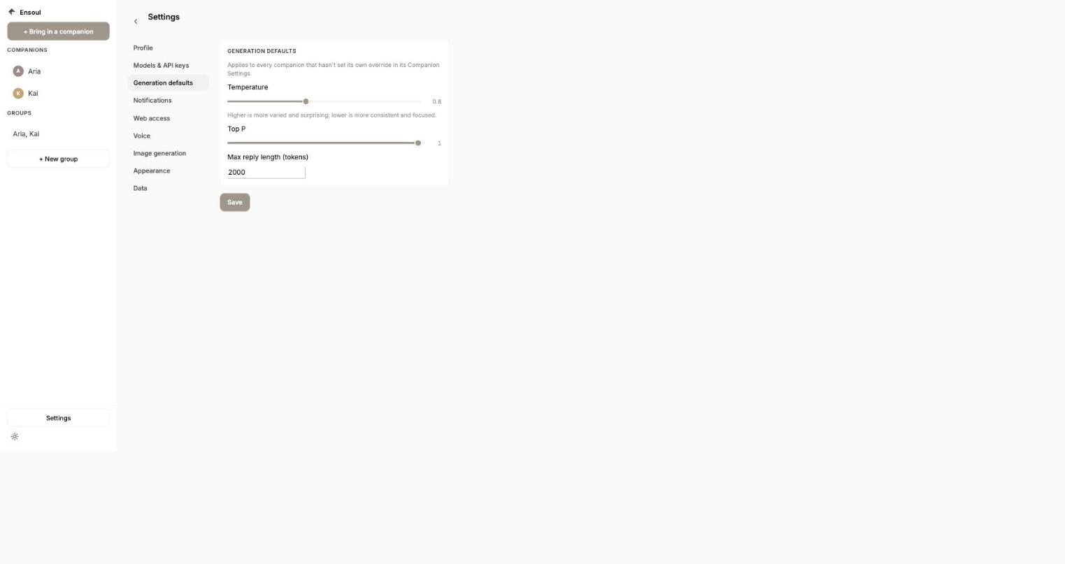 Generation defaults settings tab with temperature and top P sliders