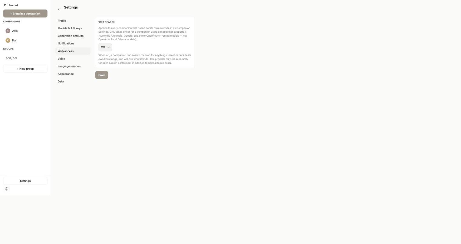 Web access settings tab with a search toggle set to Off