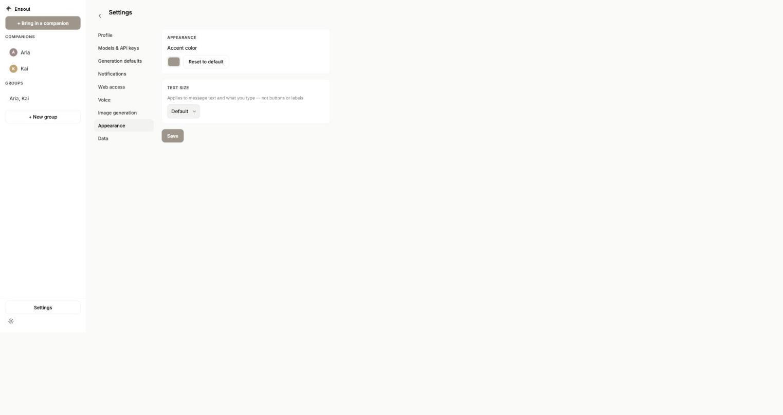 Appearance settings tab with accent color and text size controls