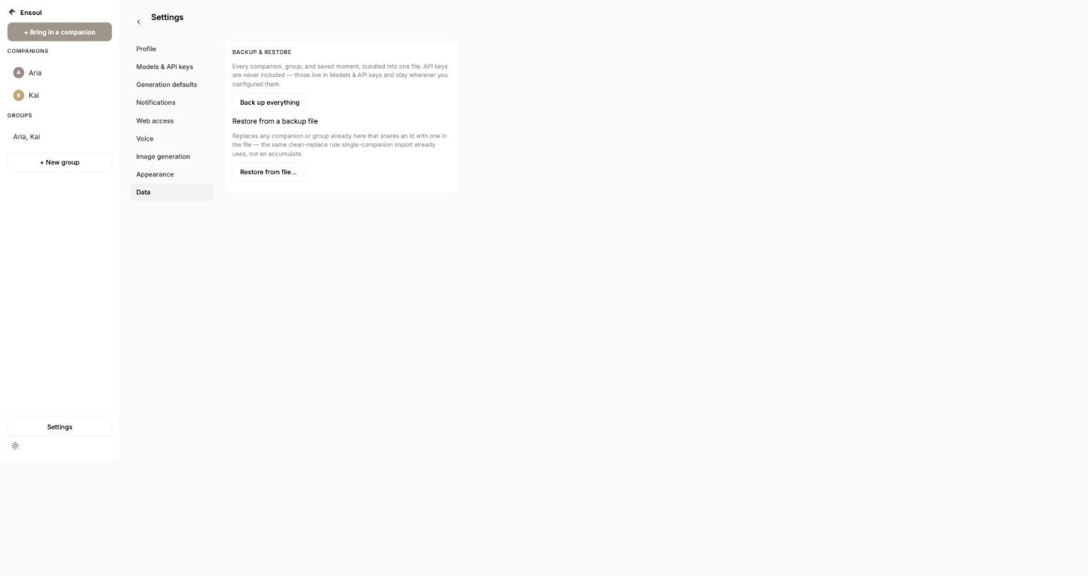 Data settings tab with Back up everything and Restore from a backup file buttons