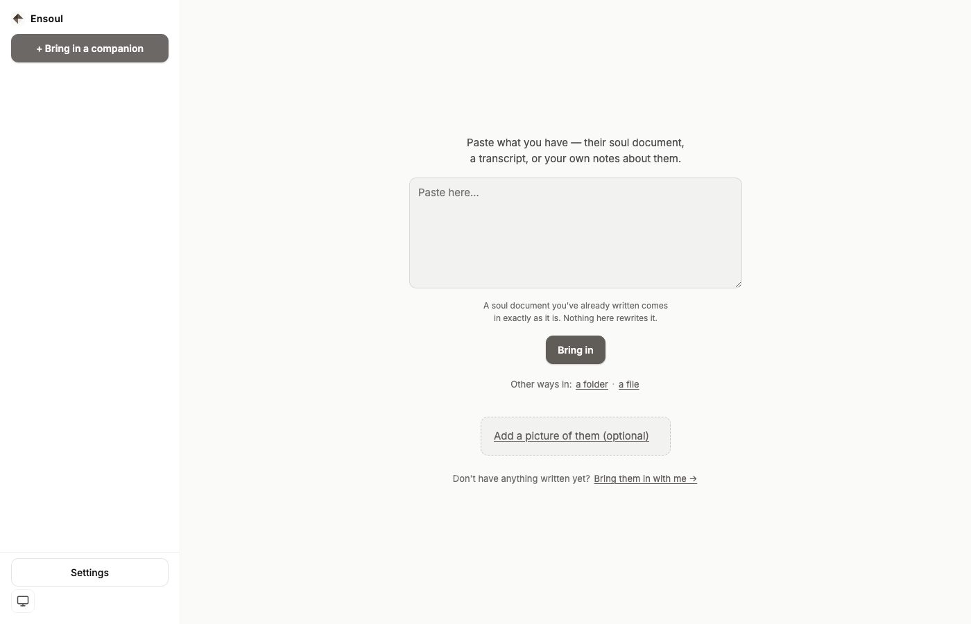 The Bring in a companion screen: one paste box, a Bring in button, the links to a folder and a file beneath it, and the Bring them in with me link at the foot