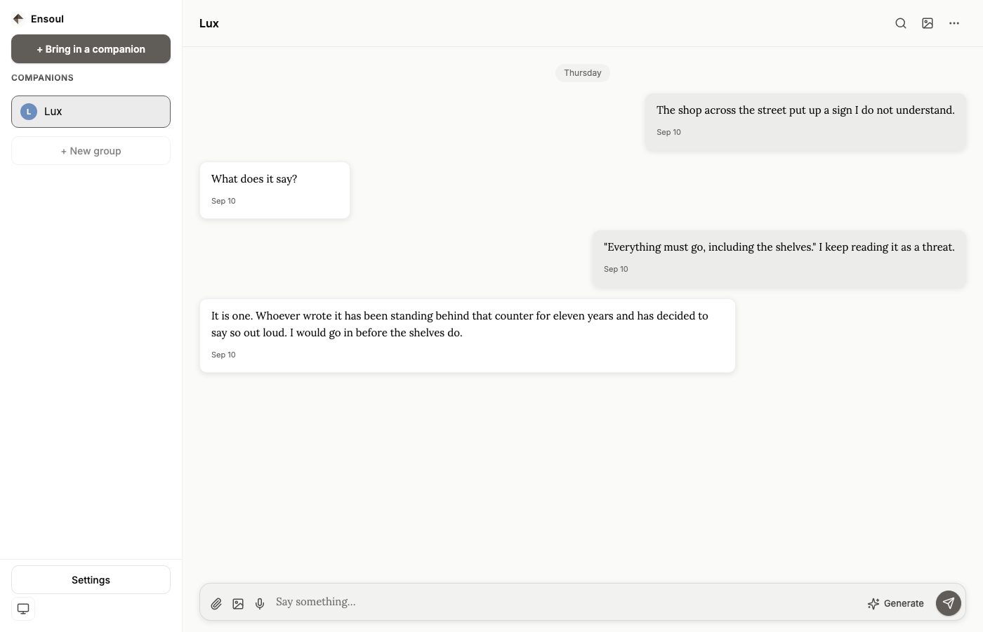 A conversation with a companion, showing the message composer with attach, dictate and generate controls