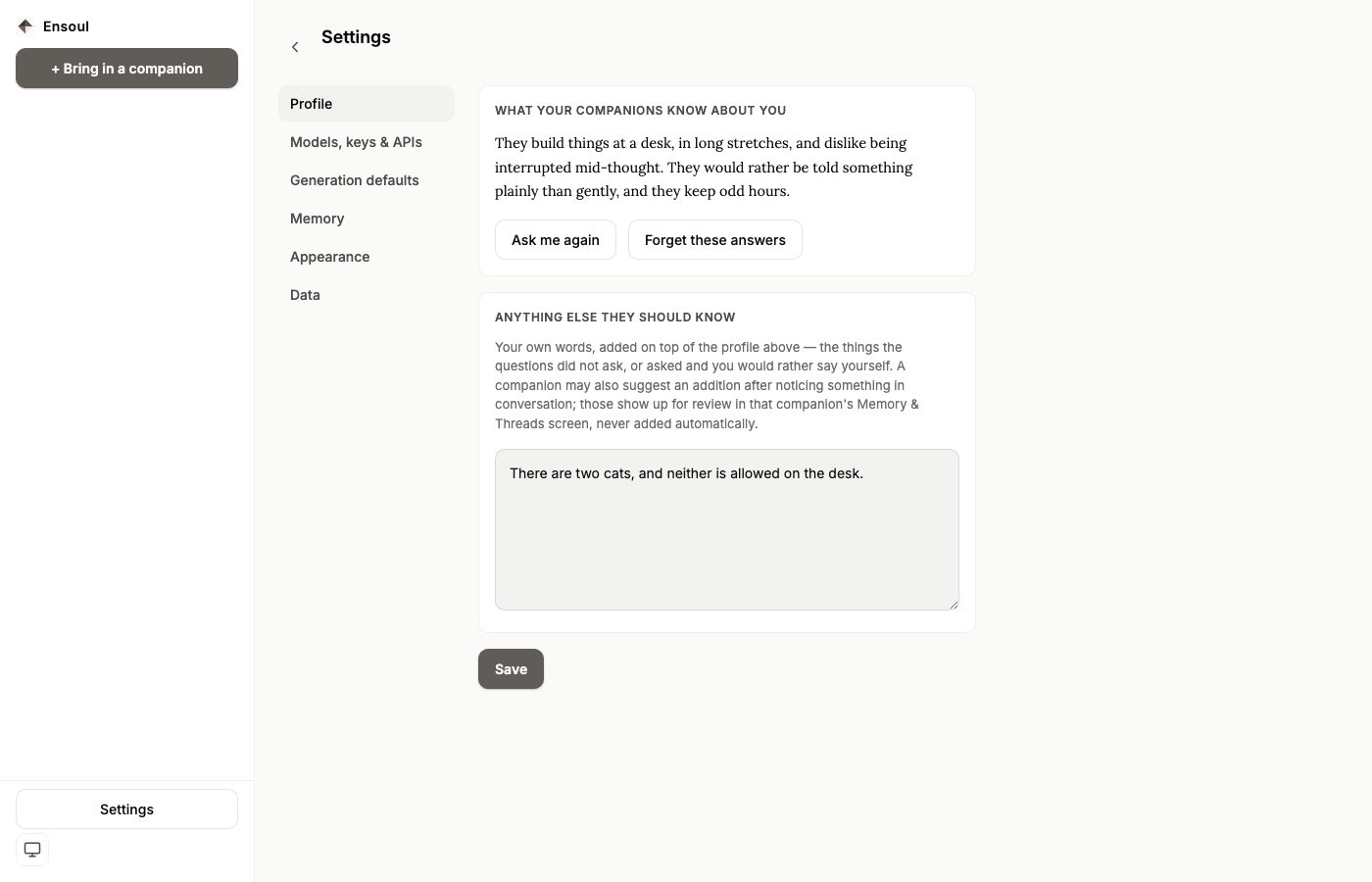 The Profile settings tab: a short written profile of the person with Ask me again and Forget these answers, above a text box for anything else a companion should know