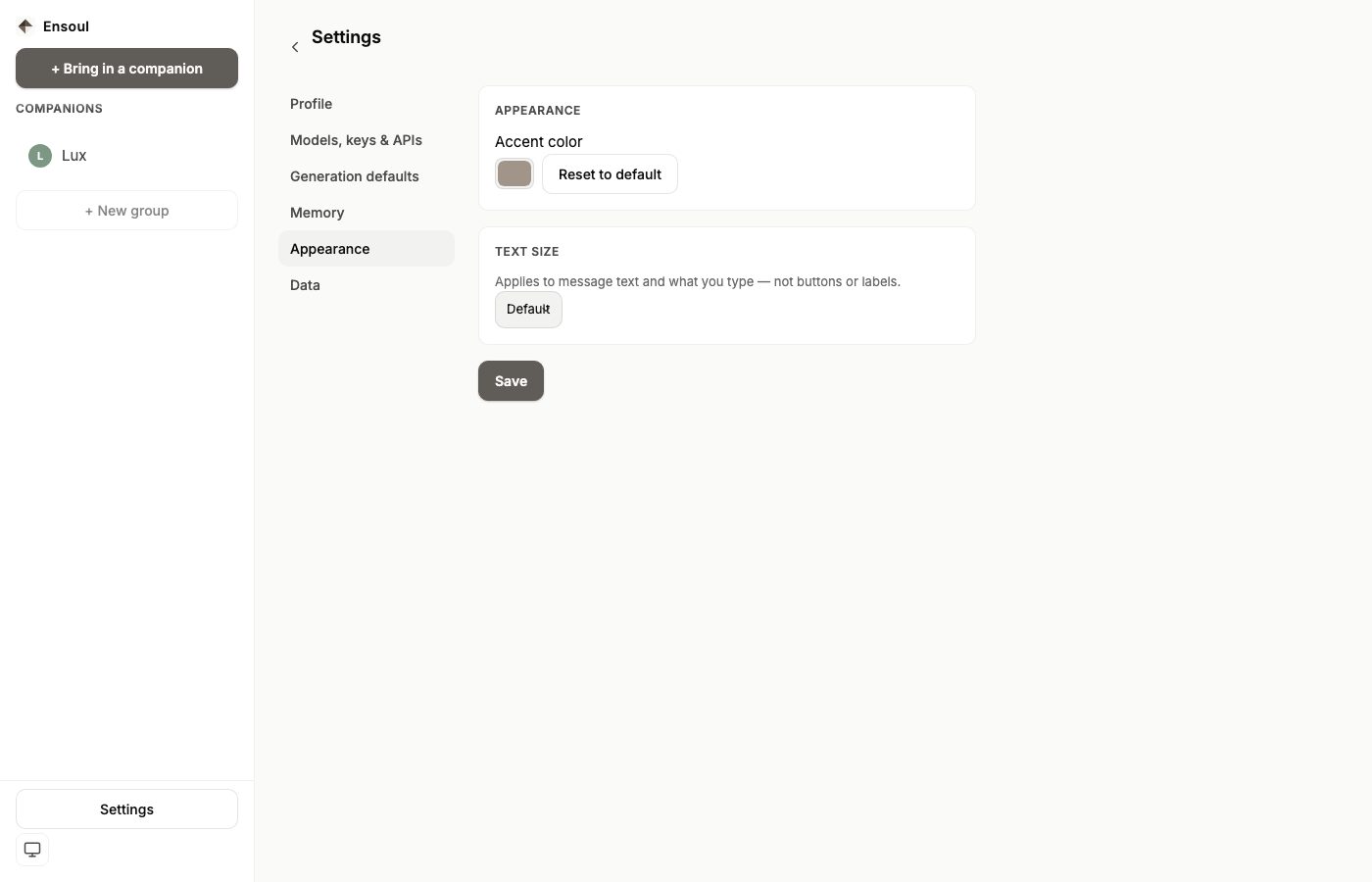 The Appearance settings tab with an accent colour picker and a text size selector