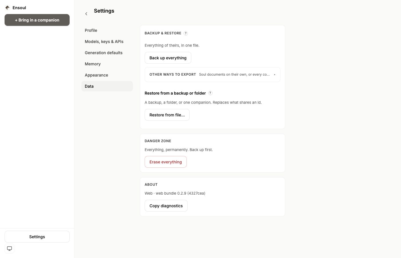 The Data settings tab with Back up everything and Restore from file buttons, and a Danger zone