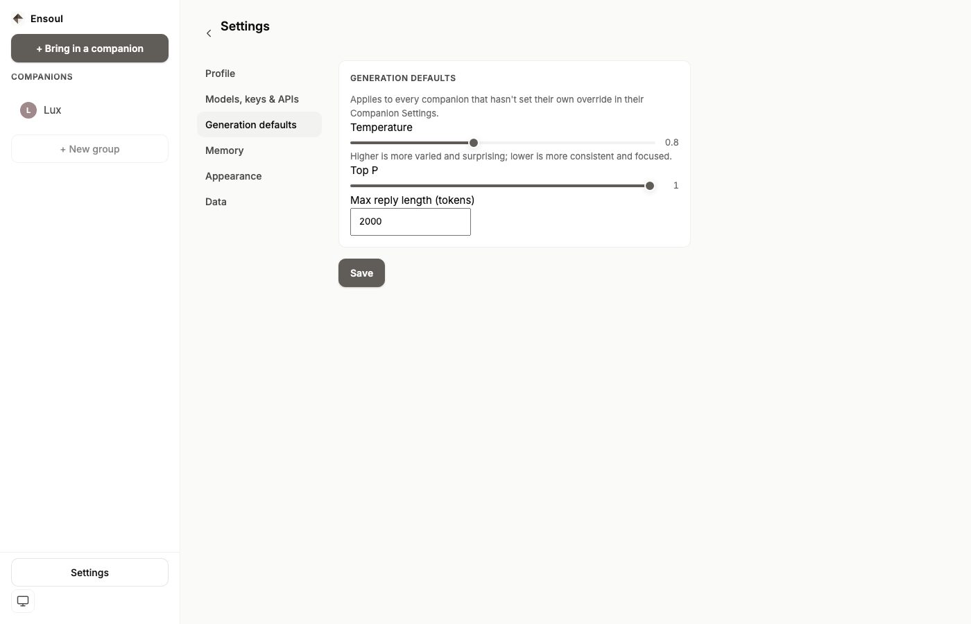 The Generation defaults tab with Temperature and Top P sliders and a Max reply length field