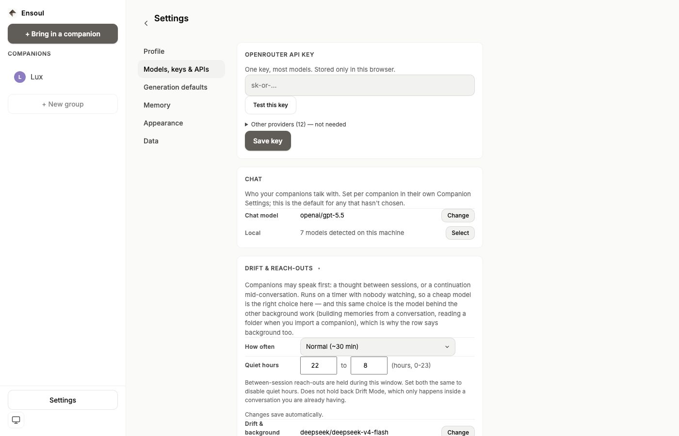 The Models, keys and APIs tab: an OpenRouter API key field with a Test this key button, a collapsed list of other providers, and the Chat, Drift and reach-outs sections below