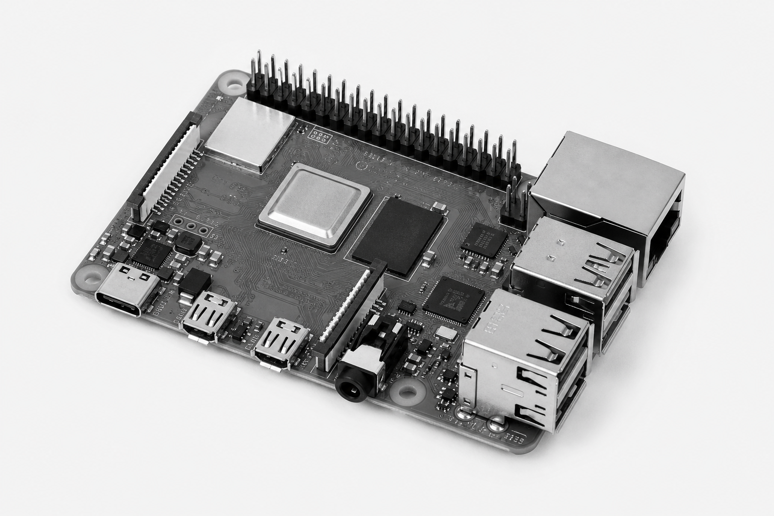 Monochrome plate of a Raspberry Pi 4 board